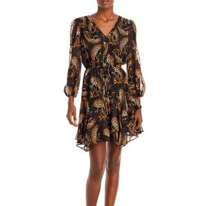 Sam Edelman Paisley Ruffles V-Neck Sheer Sleeves Drawstring Tie Waist Dress